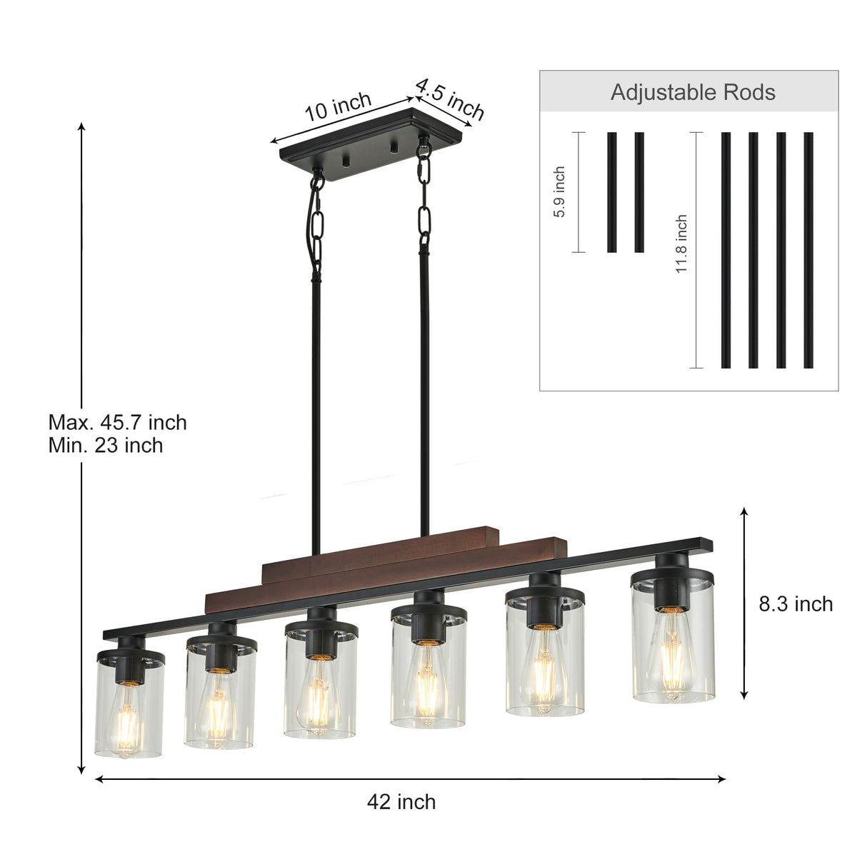 Farmhouse Chandelier 6-Light Dining Room Light Fixture Over Table Kitchen Island Lighting Rustic Chandeliers for Dining Light with Glass Shade Wood Pendant Lights Kitchen Island TWIG