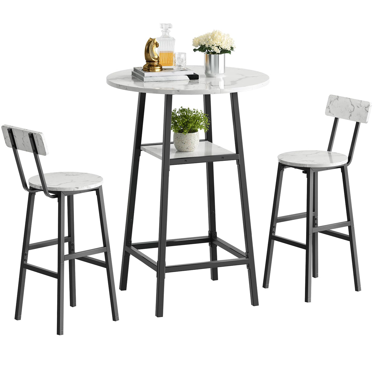 MAHANCRIS Round Bar Table, 37.4" High Pub Top Table with Footrest, 2-Tier Counter Height Cocktail Tables with Storage, Bistro Table for Small Spaces, Easy to Assemble, Marble and Black BTHM12501 MAHANCRIS