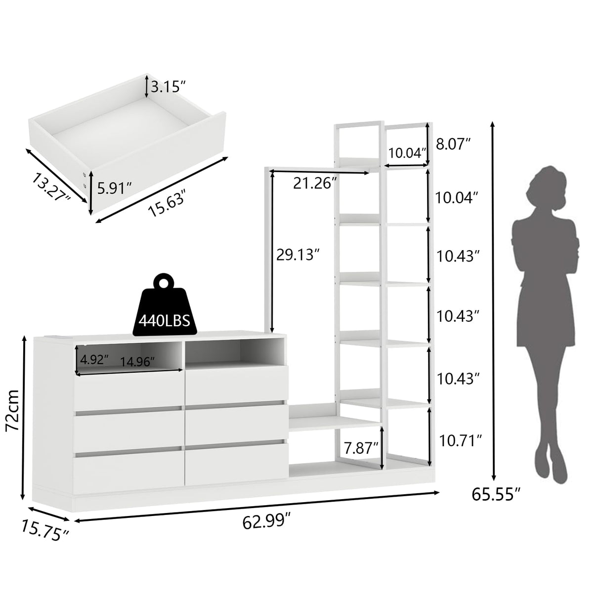 Loomie 6 Drawers Dresser with Hanging Rack & 6 Tiers Shelves, LED Dressers & Chests of Drawers with Power Outlet, 63" Wide Long 4 in 1 Storage Unit Dressers, Closet Dresser for Bedroom (White) Loomie