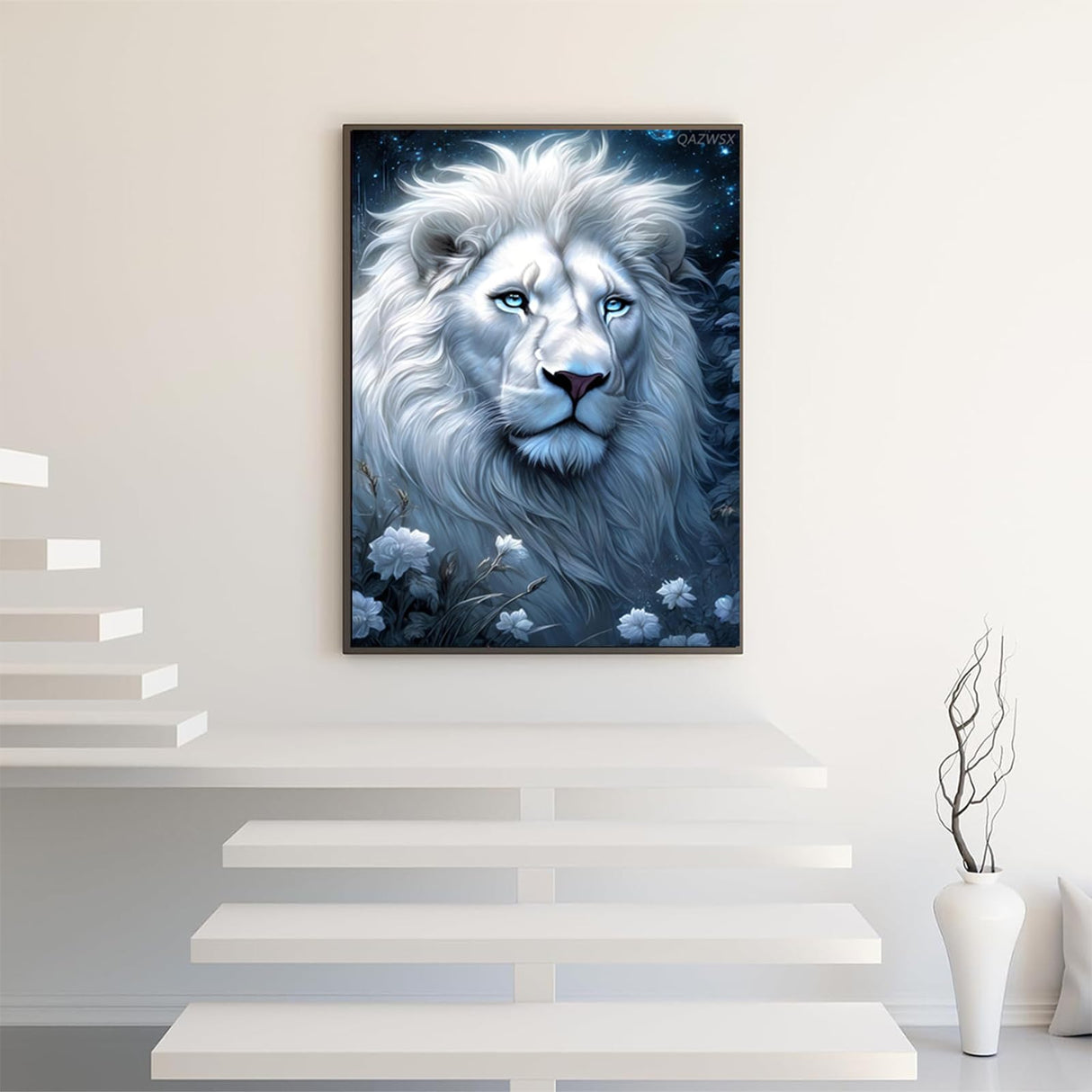 QAZWSX White Lion Diamond Painting Kits, Diamond for Adults Animal Lion 5D Round Diamond Cross Stitch Art, Suitable for Wall Decor Office Decor or Gifts for Friends 12x16 inch QAZWSX