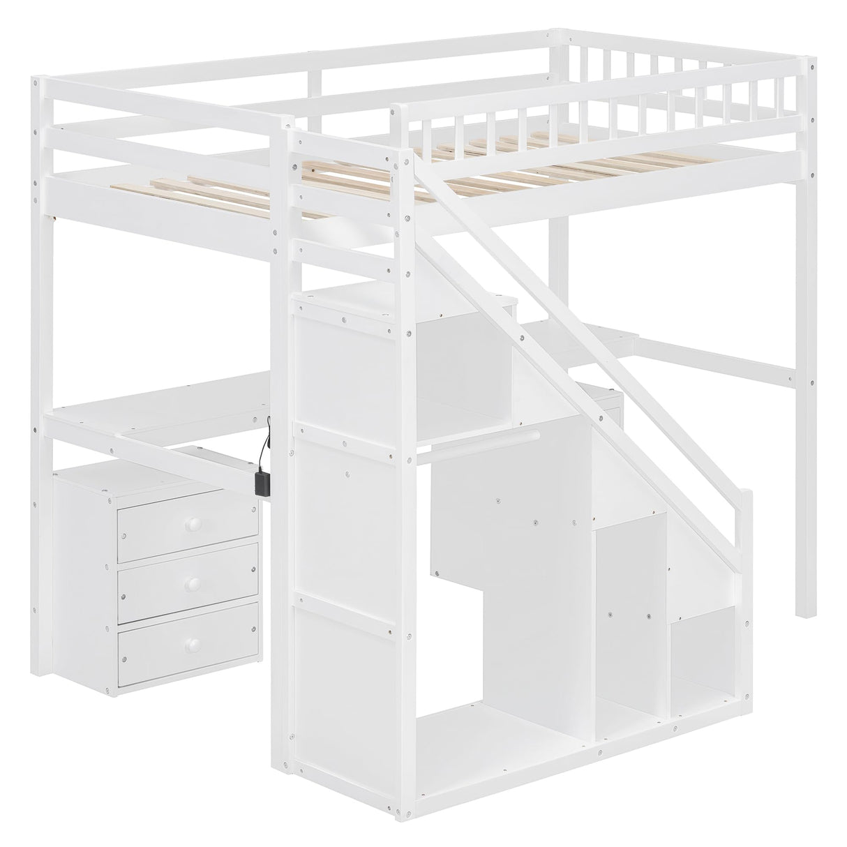 SOFTSEA Twin Size Gaming Loft Bed with Stairs and Desk, Wooden Loft Bed with Open Wardrobe, Storage Drawers & LED Lights for Kids Teens Adults, White SOFTSEA