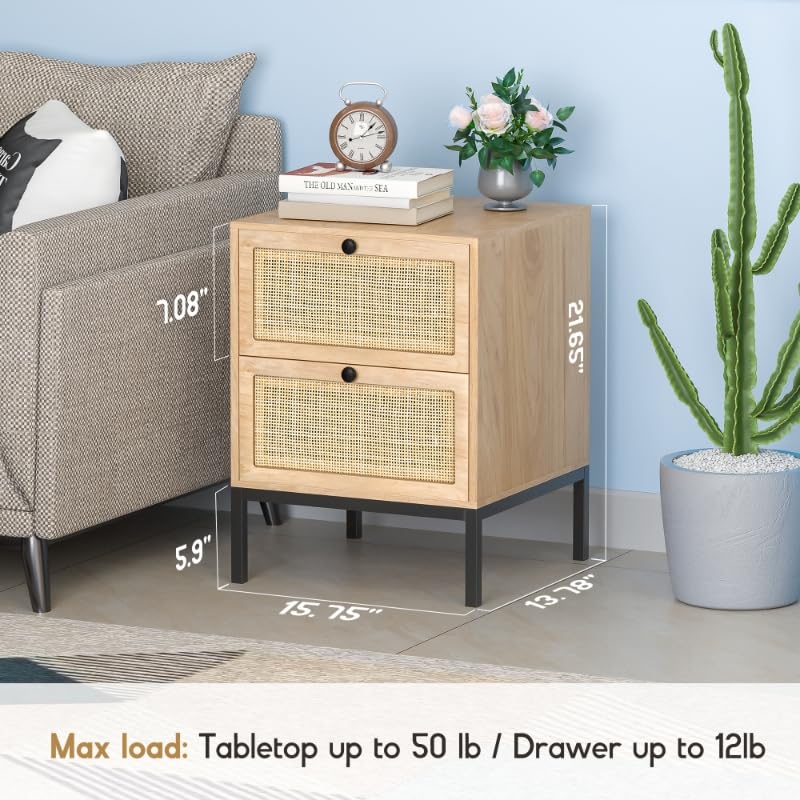 XIAO WEI Rattan Nightstand Set of 2 with Handmade Natural Rattan Drawers, Bedside Tables, End Table, Rattan Side Table, Boho Wood Nightstand, for Bedroom, Living Room, Metal Legs XIAO WEI