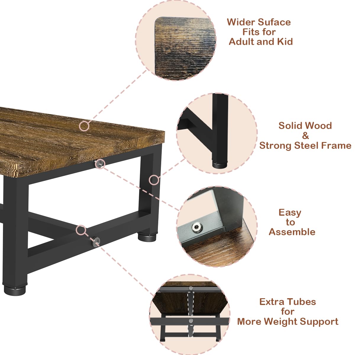 Tigerden Wooden Step Stool for Toddlers Kids and Adults, Heavy Duty Stepping Stools with 300 LB Load Capacity, Foot Step Stool for Bed, Bedroom, Living Room, Bathroom, Kitchen- Rustic Brown & Black Tigerden