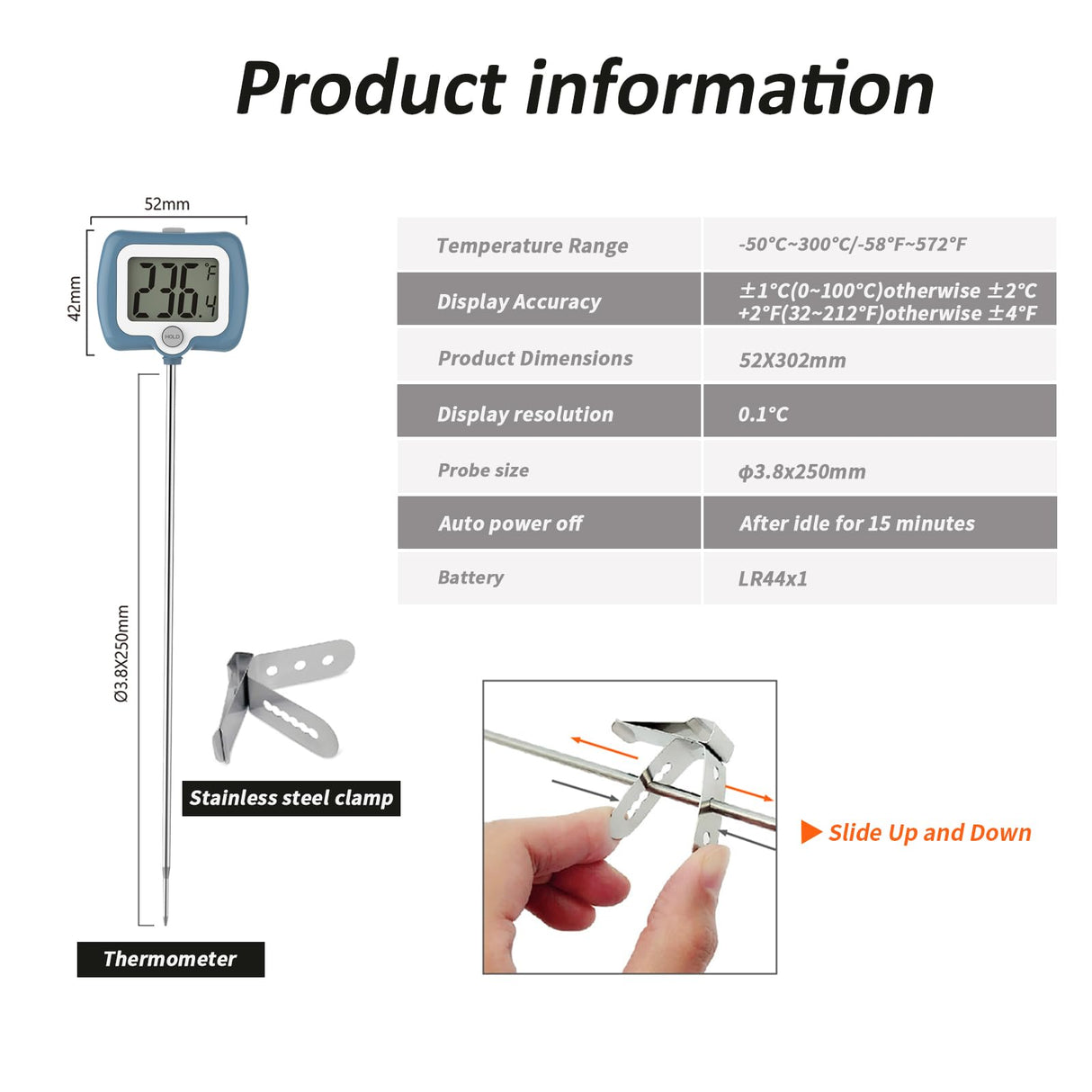 KT THERMO Digital Candy Thermometer, LCD Instant Read Food Meat Thermometer with 10" Probe and Pot Clip for Candy Making, Kitchen Accessories, Baking Tools(Blue) KT THERMO