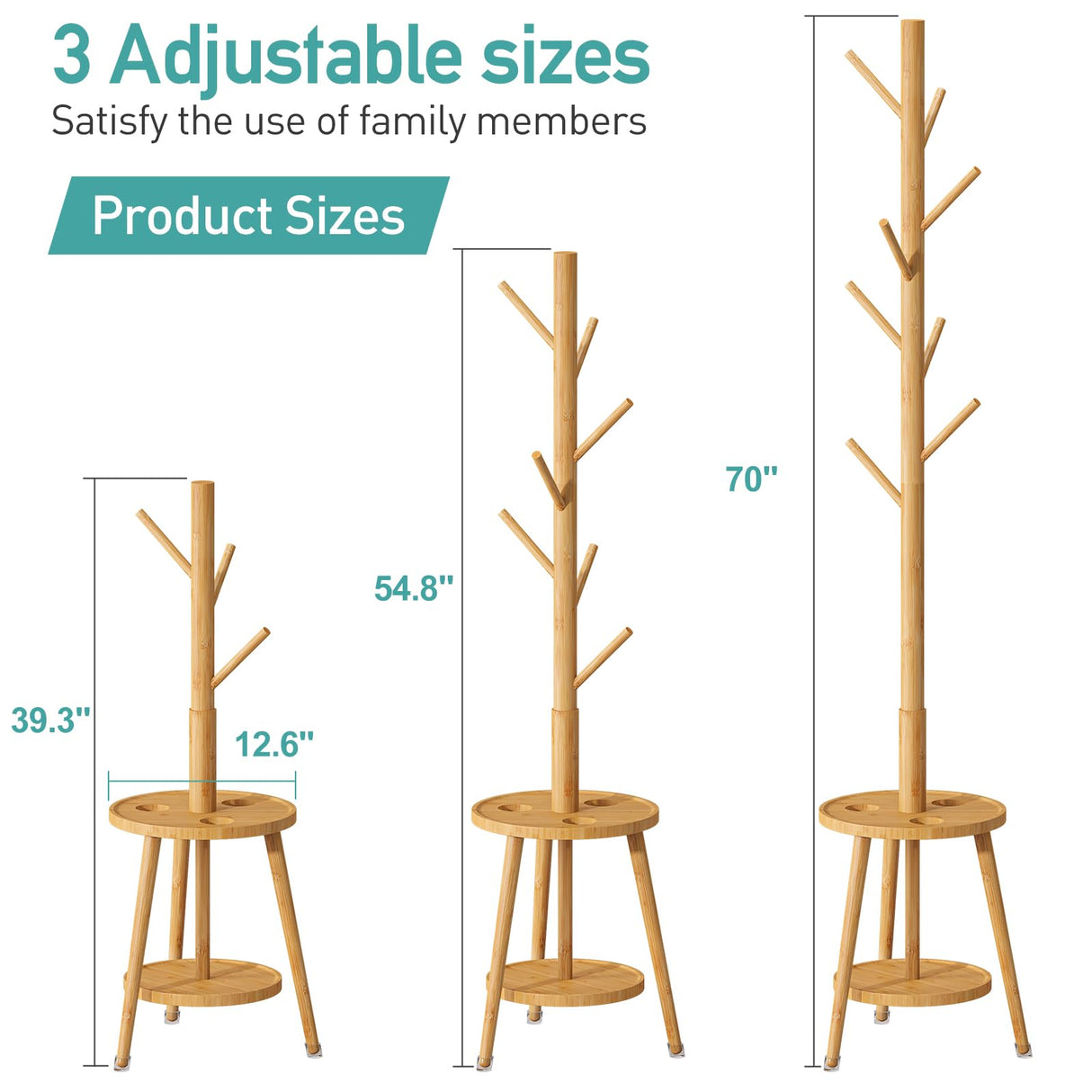 Coat Rack, Bamboo Wood Coat Freestanding with Umbrella Holder, Adjustable Height Coat Stand with 8 Hooks, kids coat rack, Used In The Bedroom Living Room, Office To Hang Clothes, Hats, Bags (Natural) Vriccc