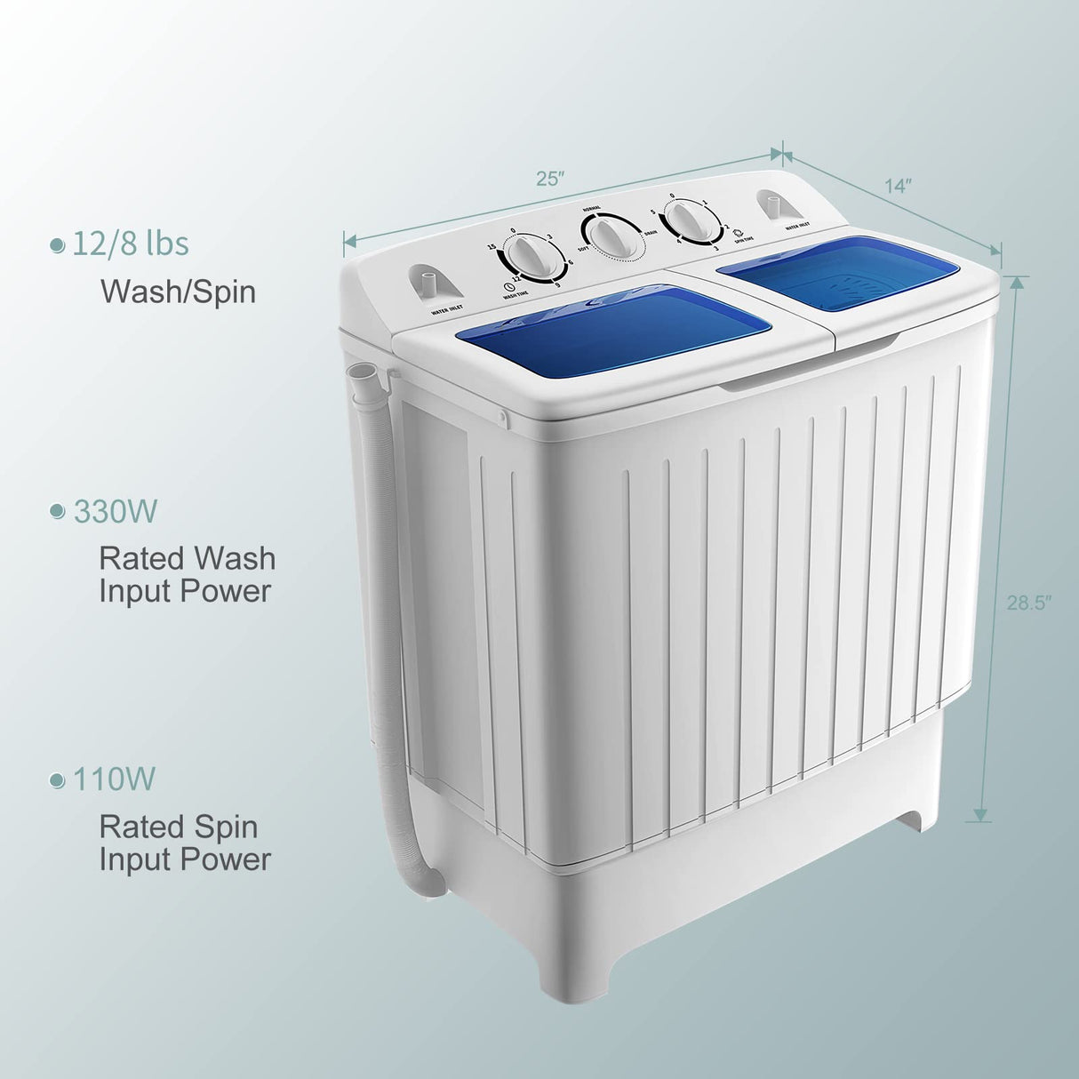 COSTWAY Portable Washing Machine, Twin Tub 18 Lbs Capacity, Washer(11 Lbs) and Spinner(7 Lbs), Durable Design, Timer Control, Compact Laundry Washer for RV, Apartments and Dorms, Blue+White COSTWAY