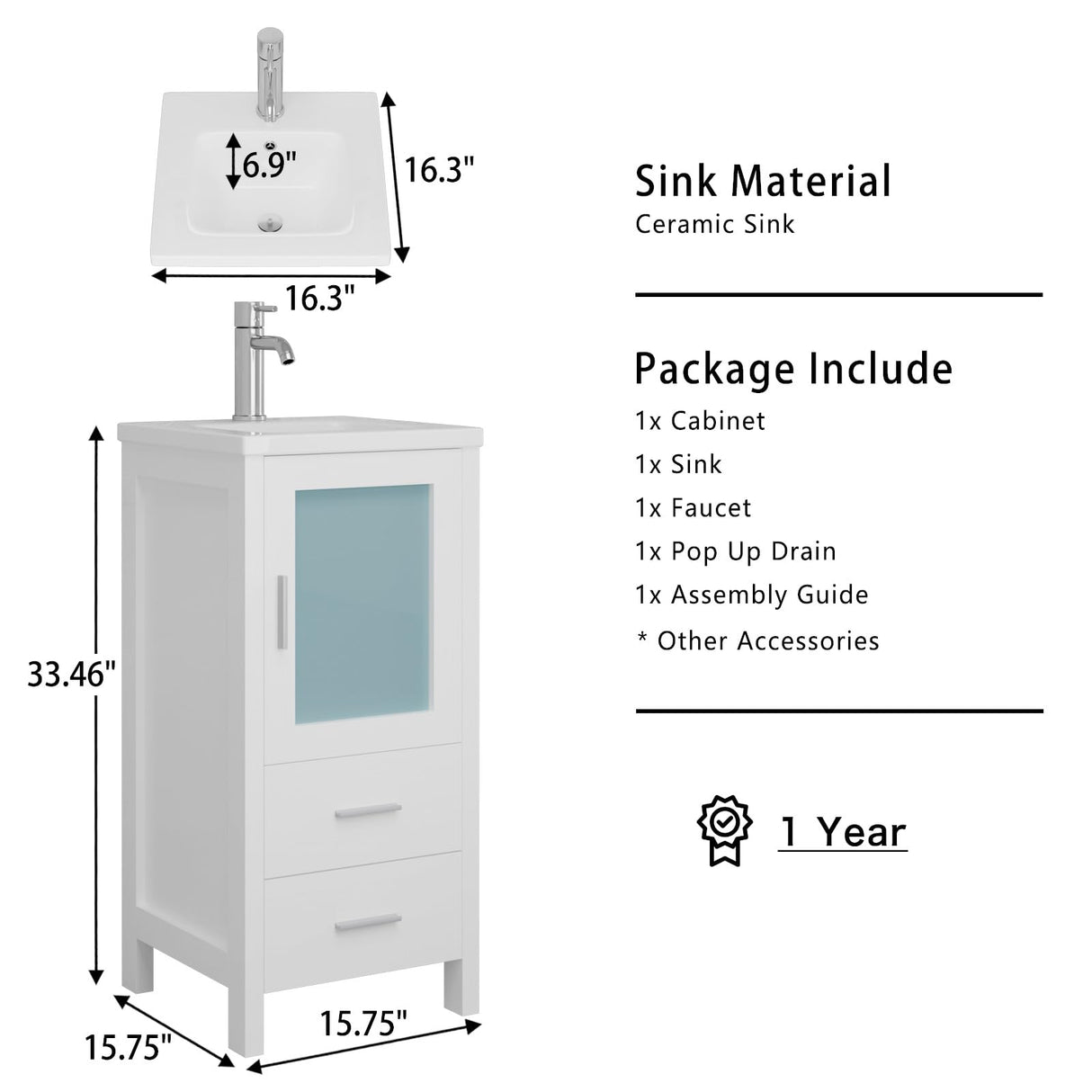 16" Small Bathroom Vanity with Sink, Single Sink Bathroom Vanity Combo for Small Space, Modern Bathroom Sink Cabinet with Faucet and Drain (White) amzzar