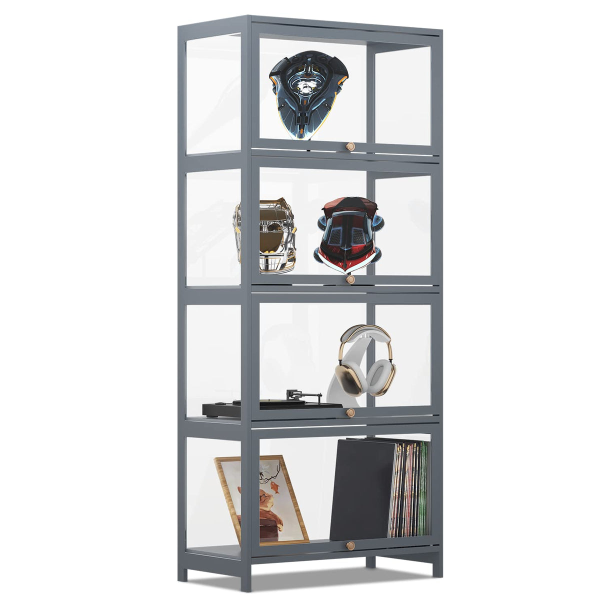 MoNiBloom 4-Tier Display Cabinet with Acrylic Doors - 55” Transparent Bamboo Display Case for Figures and Curio Collection, Floor Standing - Grey MoNiBloom