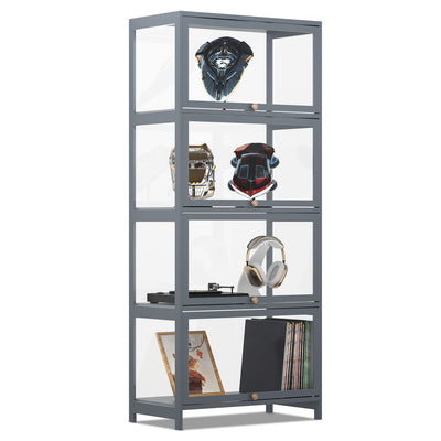 MoNiBloom 4-Tier Display Cabinet with Acrylic Doors - 55” Transparent Bamboo Display Case for Figures and Curio Collection, Floor Standing - Grey