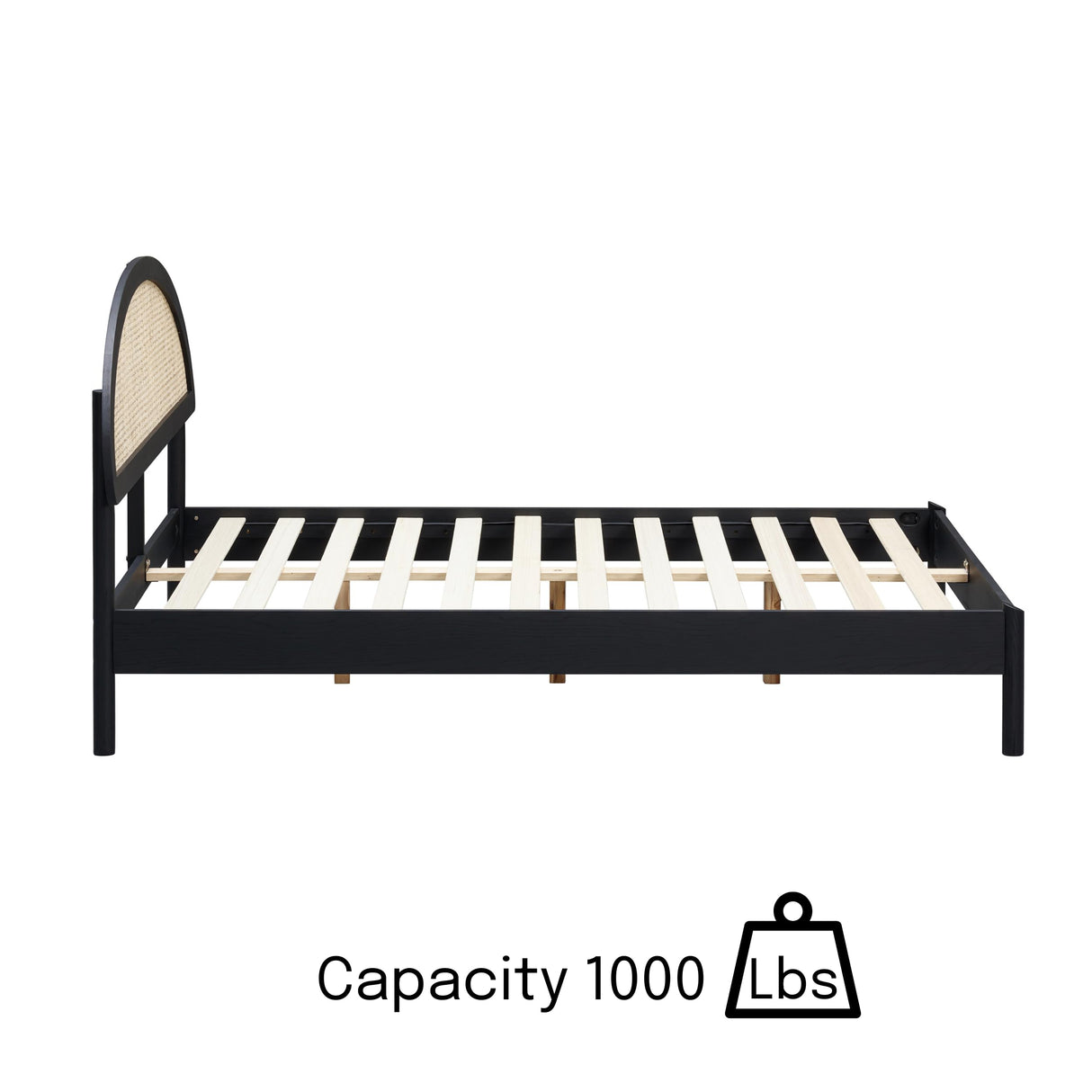 NTC Gem Wooden Bed Frame with Headboard and Natural Rattan, Solid Oak Foundation with Silent Slats, 1000 Lb Capacity, Effortless Assembly, Queen - Burnt Black NTC