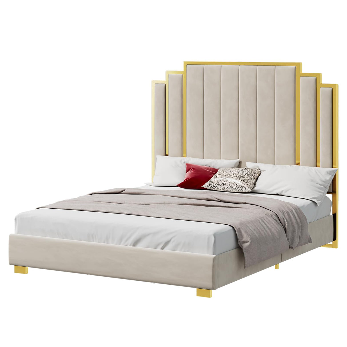 YUMPIE Queen Size Platform Bed Frame with 61" Extra Tall Headboard, Velvet Upholstered Bed with Golden Plating Trim, Wooden Slats/No Box Spring Needed/Noisy Free/Cream YUMPIE