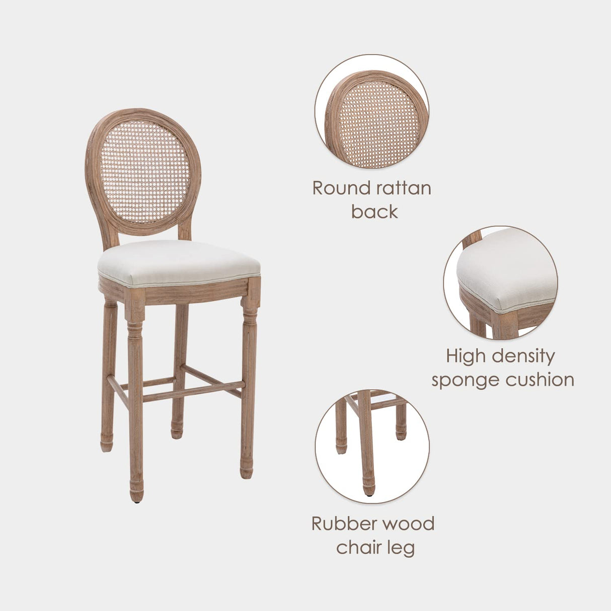 Nrizc French Country Bar Stools Set of 2, Farmhouse BarStools with Solid Wood Frame and Upholstered, Rattan Back Kitchen Bar Stool for Dining Room, Kitchen Nrizc