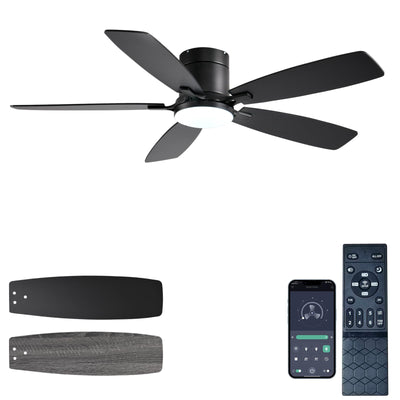 Ayaoty Ceiling Fans with Lights, 52 inch Low Profile Ceiling Fan with Light and Remote Control, Flush Mount, Reversible Motor, Dimmable, Noiseless, Black Ceiling Fan for Bedroom, Indoor/Outdoor Use
