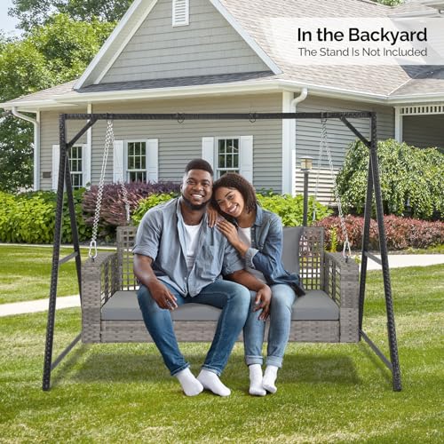 VINGLI 4 FT Rattan Porch Swing Outdoor Support 800 LBS with Cushions & Adjustable Chains, Patio Wicker Swing Bench Chair for Garden, Yard, Lawn, Tree, Grey VINGLI