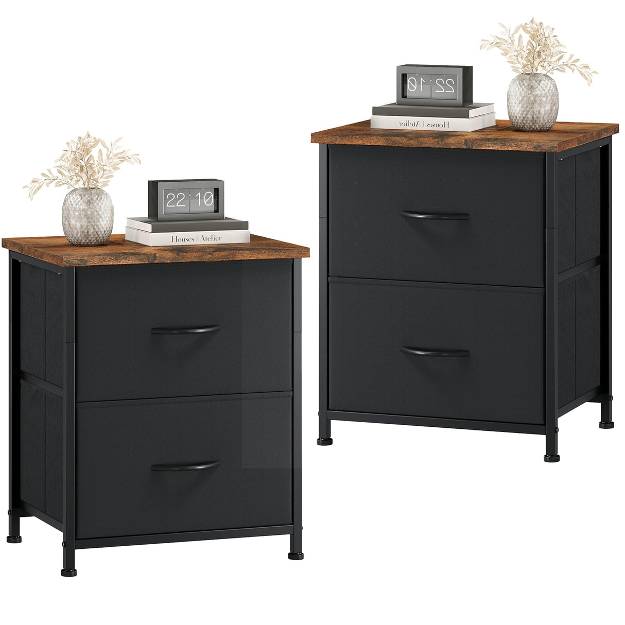 Somdot Black Nightstand Set of 2, Small Dresser for Bedroom with 2 Drawers, Bedside Table Night Stand End Table with Fabric Bins for Bedroom Kids Closet Dorm Guest Room, Black Rustic Brown Somdot