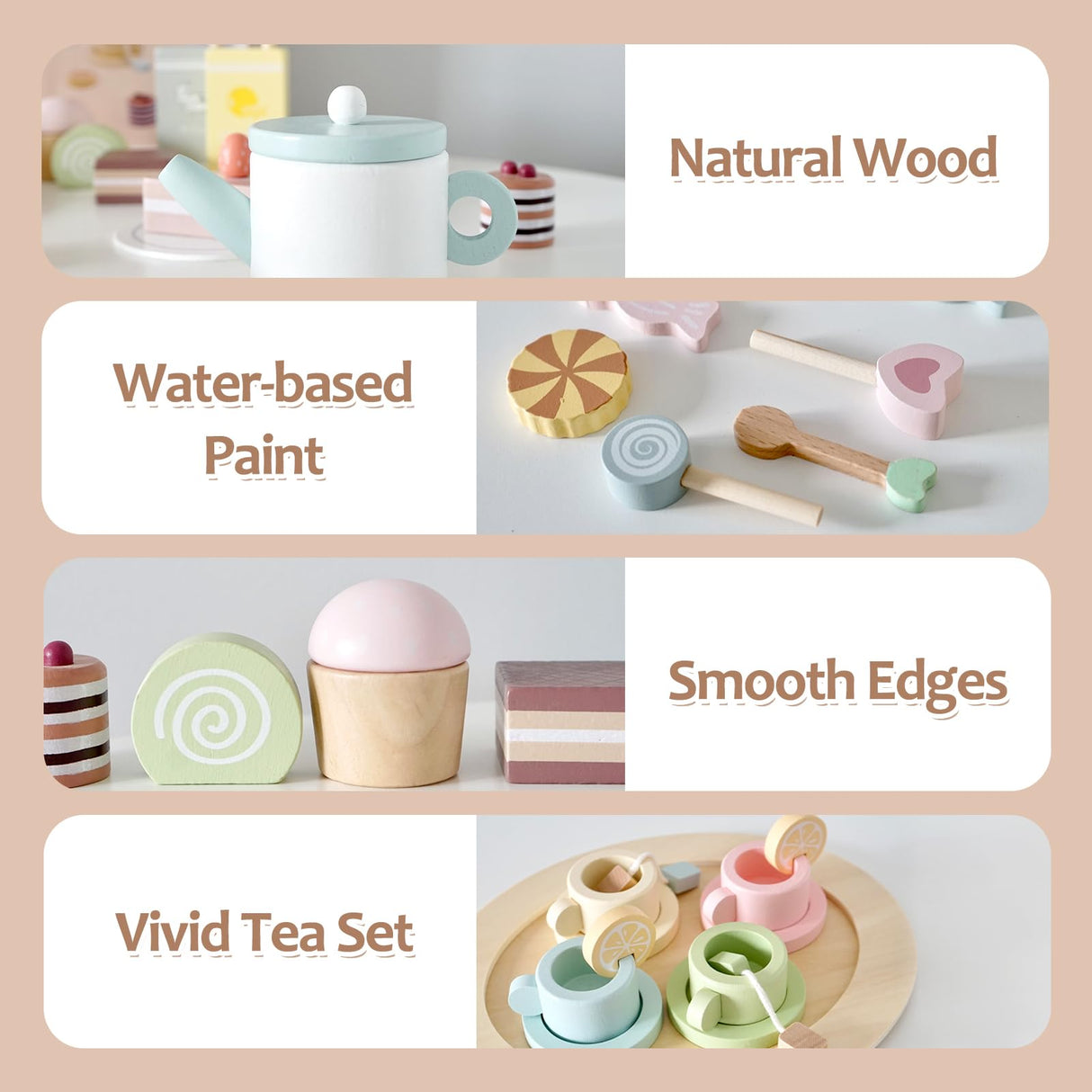 Smartwo Wooden Tea Party Set for Little Girls, 30 PCS Wooden Tea Set for Toddlers 1-3, Pretend Play Kids Wood Tea Set Toy, Play Kitchen Accessories with Play Food, Improve Imagination Smartwo