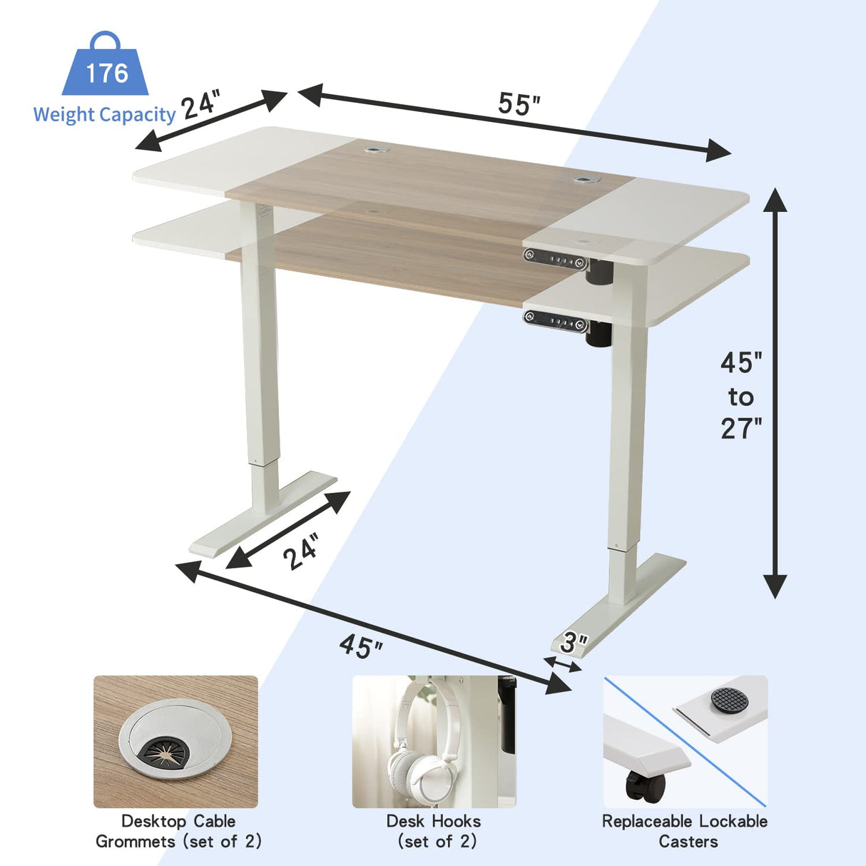 BUNOEM Height Adjustable Electric Standing Desk, 55X24 Height Stand Up Computer Desk,Sit and Stand Home Office Desk with Splice Board (White+Oak Top, White Frame) BUNOEM