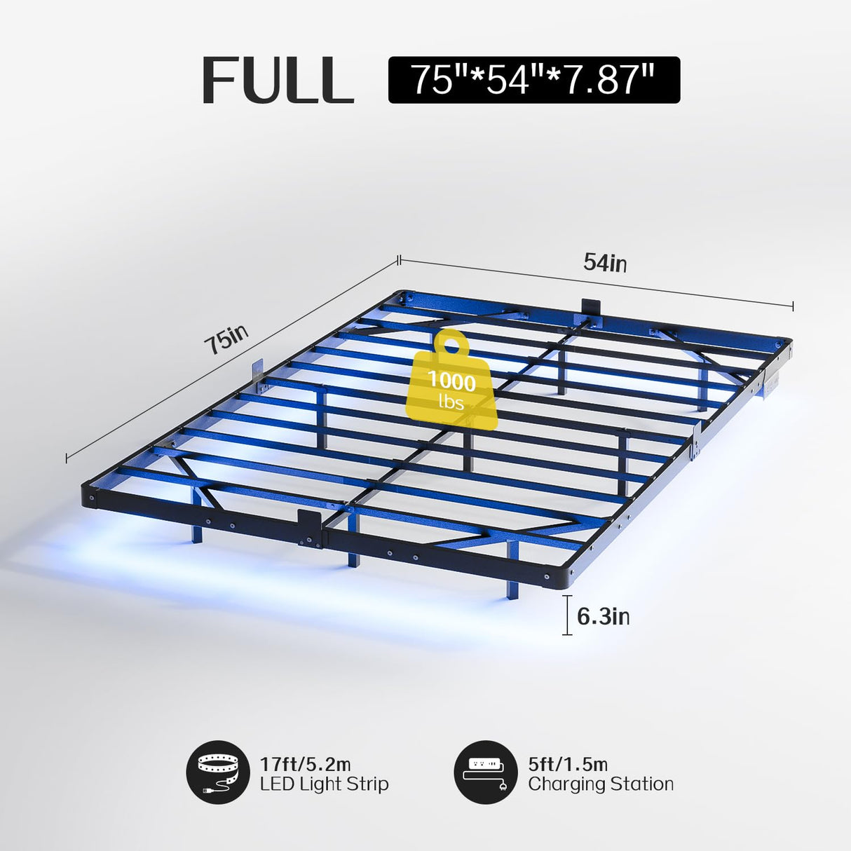 Full Size Modern Floating Bed Frame with Smart LED Lights, USB Charging Station, Sturdy Metal Platform, No Box Spring Needed, and Easy Assembly Liians