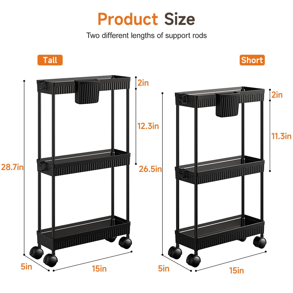 Sevenblue Slim Storage Rolling Cart with Wheels, 2 Pack 3 -Tier Rolling Cart Bathroom Organizers and Storage, Utility Cart for Laundry Room Organization, Bathroom and Kitchen Narrow Places, Black Sevenblue