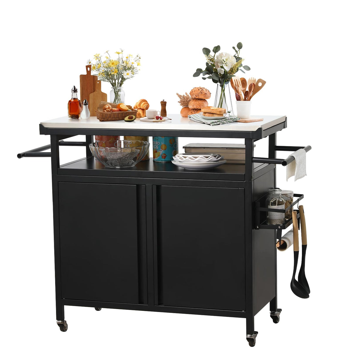 XL Rolling Bar Grill Cart Outdoor Patio Furniture, Outdoor Grill Table with Stainless Steel Top for Kitchen Prep and Outdoor Storage Cabinet for Grilling Accessories, Black Nessxa