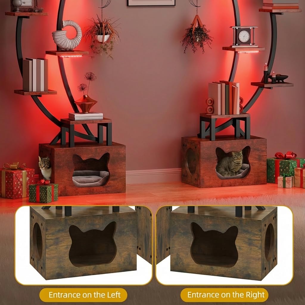 DWVO Tall Bookshelf with LED Light, Artistically Designed Moon Arched Bookcase with Cats Litter Box,10-Tier Bookcase Corner Display Shelf for Home Office, Bedroom DWVO