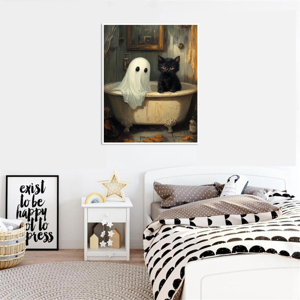 Halloween Paint by Numbers Kit for Adults, Ghost Oil Painting by Numbers with Brushes, Black Cat Art and Crafts Canvas Kit for Beginner Home Decor 16x20 inch / 40x50 cm Clendo