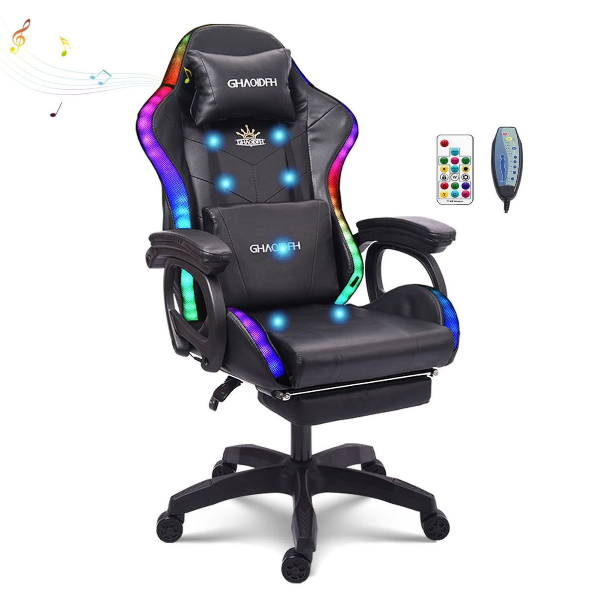 TBQATNTS 7-Point Massage Gaming Chair with Speakers and LED Lights, Ergonomic Computer Gaming Chair with Footrest and Lumbar Support,High Back Office Video Racing Adult Gaming Chair,Black,Normal TBQATNTS