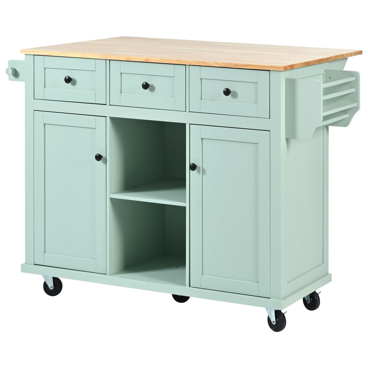 Merax Kitchen Cart Island with Drop-Leaf Countertop on 5 Wheels, Cabinet Door Internal Storage Racks for Dinning Room, Mint Green Merax