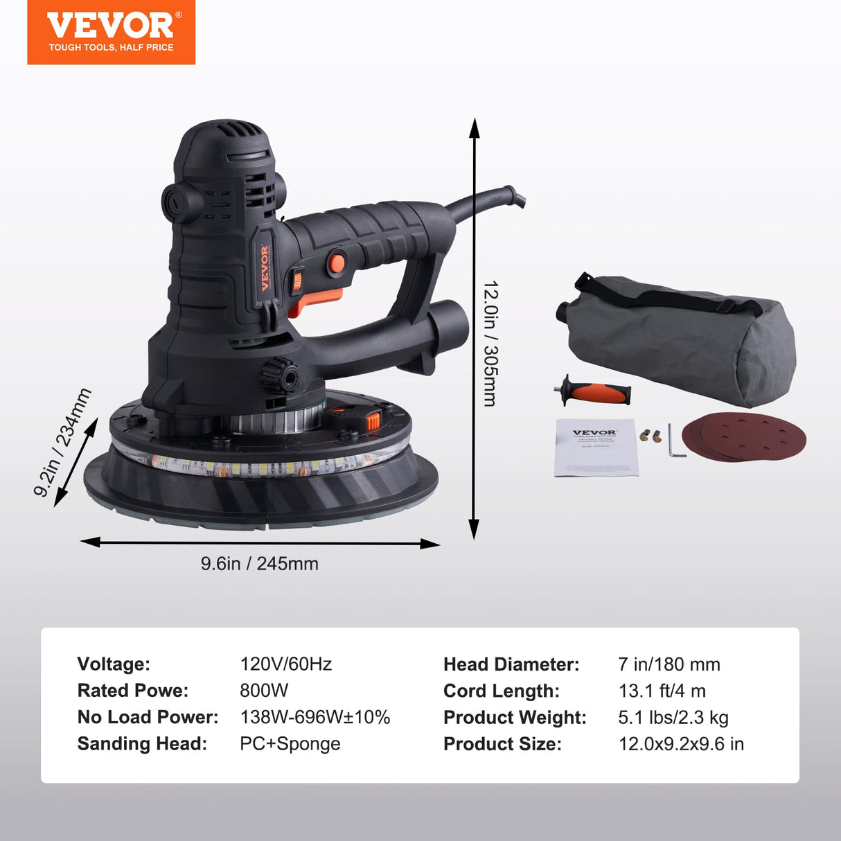 VEVOR Drywall Sander, 800W Electric Sander with 12 Sanding Discs, Variable Speed 1200-2300 RPM Wall Sander with Automatic Vacuum Dust Collection System, Double LED Lights, Dust Bag, Detachable Edge VEVOR