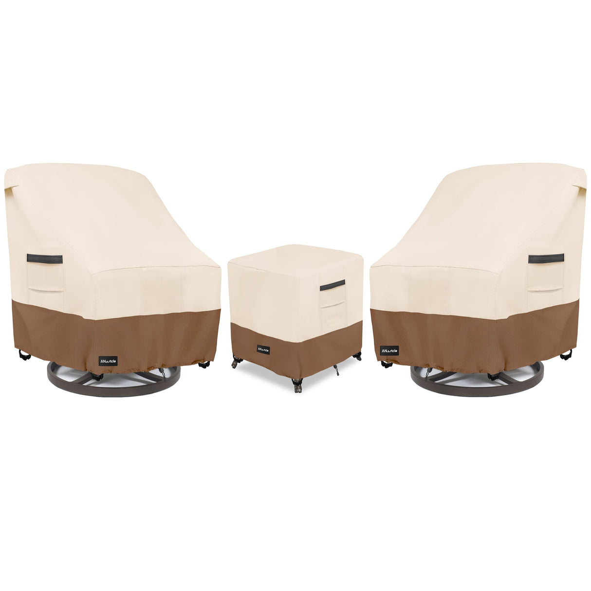 ANartcle 3 Pieces Patio Bistro Sets Cover,600D Waterproof Heavy Duty Patio Furniture Covers,Includes 2 Outdoor Swivel Chair Covers and 1 Patio Wicker Side Table Cover(Beige&Brown) ANartcle