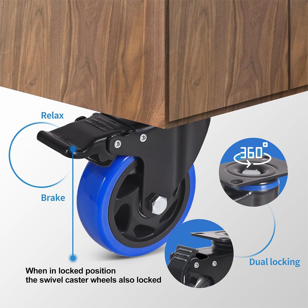 5 Inch Caster Wheels, Casters Set of 4 Heavy Duty with Brake, Safety Dual Locking Casters, No Noise Wheels with Polyurethane Foam, Load 2400LBS (Two Hardware Kits Included) ENYKE