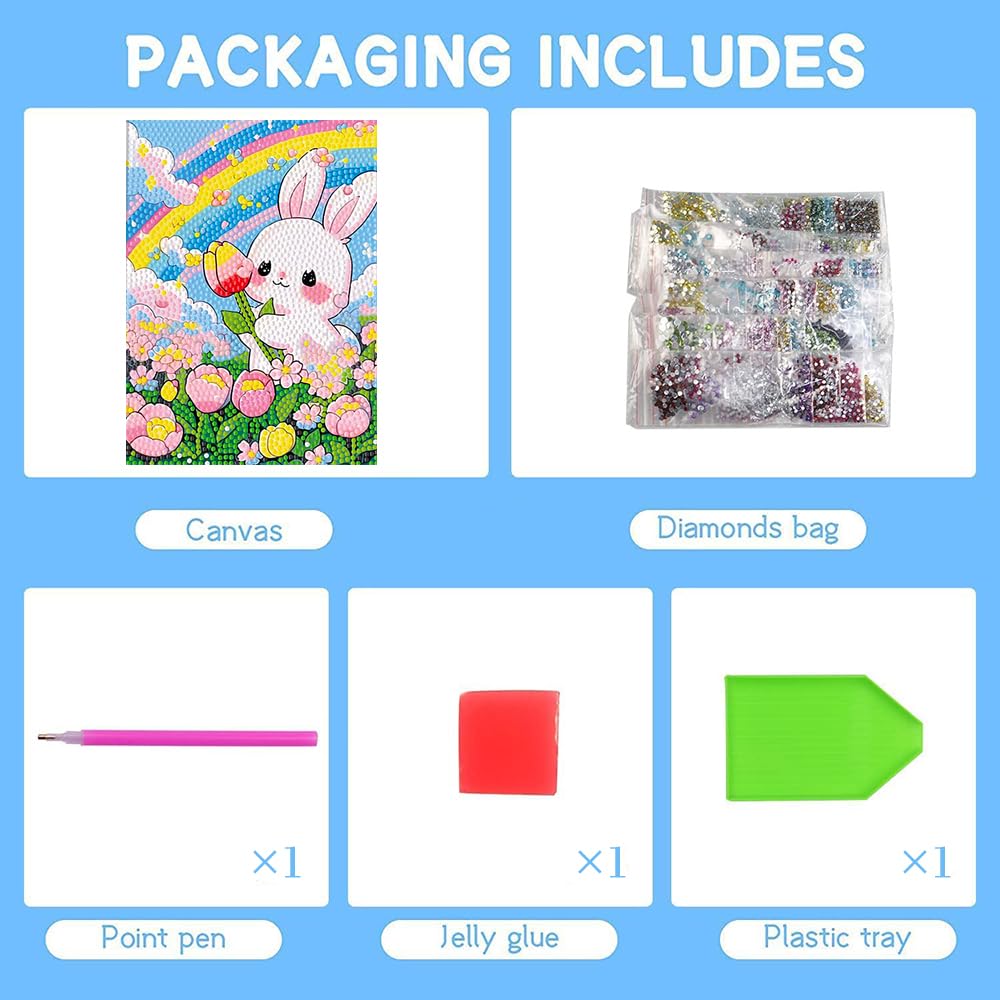 PERFECTSIGHT Cute 5D Diamond Art Kits with Wooden Frame, Kawaii DIY Painting Art for Adults, Diamond Arts and Crafts Sets, Big Gem Full Drill Diamond Dots for Women, Rainbow Bunny PERFECTSIGHT