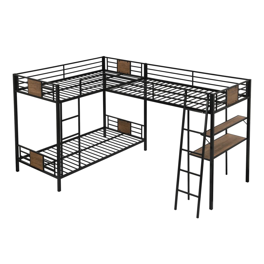 DNChuan Triple Bunk Bed L-Shaped,Twin Over Twin with Twin Loft Bed Desk and Shelf & 2 Ladders - Brown DNChuan