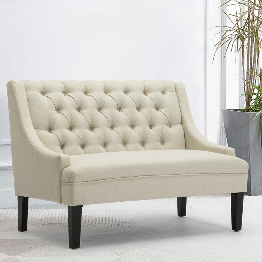 Tongli 50" Small Modern Loveseat Settee Sofa Linen Fabric 2-Seat Sofa Couch Tufted Love Seat Dining Bench with Back Upholstered Banquette Sofas for Living Room Bedroom Small Space Entryway Tongli