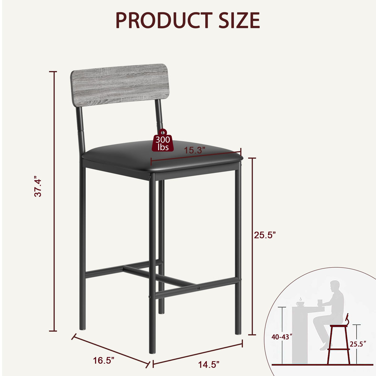 Amyove Bar Stools Set of 2, Upholstered Bar Chairs with Back, 25.5 Inches Kitchen Bar Stools with Footrest, Thick Cushion, Counter Height Barstools for Island, Counter Bar, Easy Assembly, Rustic Grey Amyove