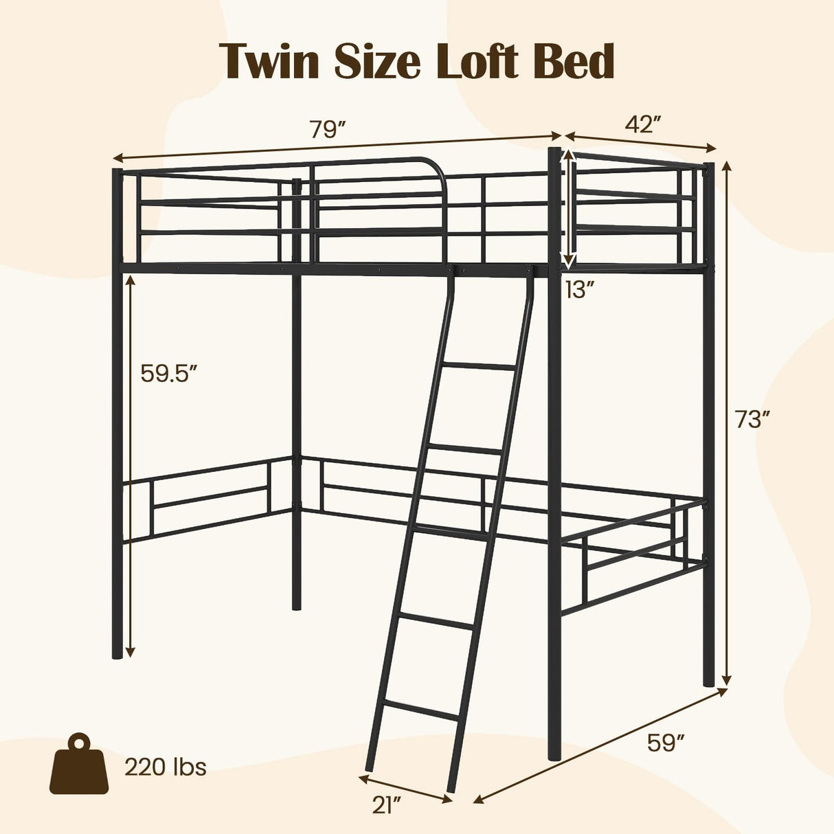 Giantex Twin Size Loft Bed, Metal Loft Bed Frame with Ladder & Safety Guardrail, Space-Saving with Ample Space Underneath, for Teens Junior and Adults, No Box Spring Need, Black Giantex