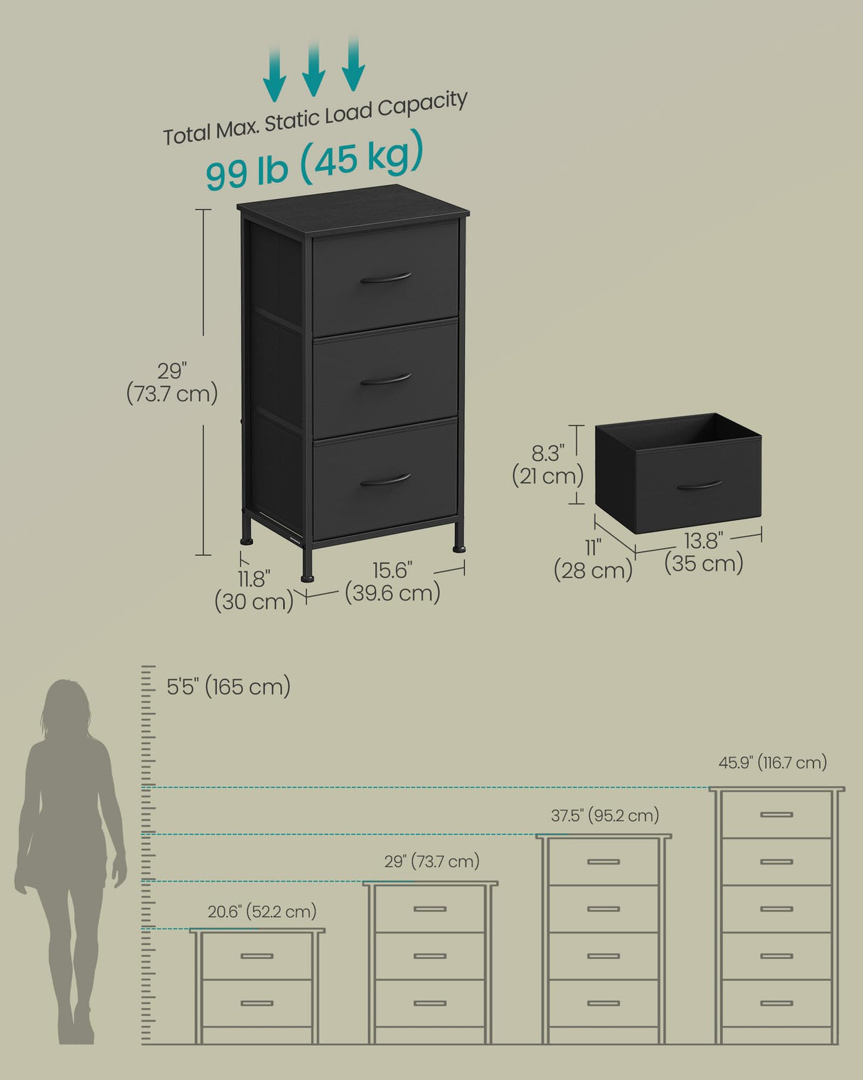 SONGMICS Dresser for Bedroom, Chest of Drawers, Steel, MDF, 3 Non-Woven Fabric Drawers, Storage Organizer Unit, Closet, Entryway, Ink Black and Ebony Black ULGS313B01S SONGMICS