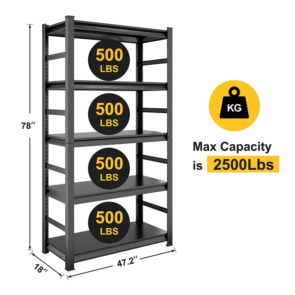 5-Tier Garage Shelving 2500LBS Storage Shelves Heavy Duty Adjustable Garage Shelves, Utility Rack Shelf, Shelving Units for Storage Warehouse Kitchen Pantry Closet, 47.2" W x 18" D x 78" H, Black Generic