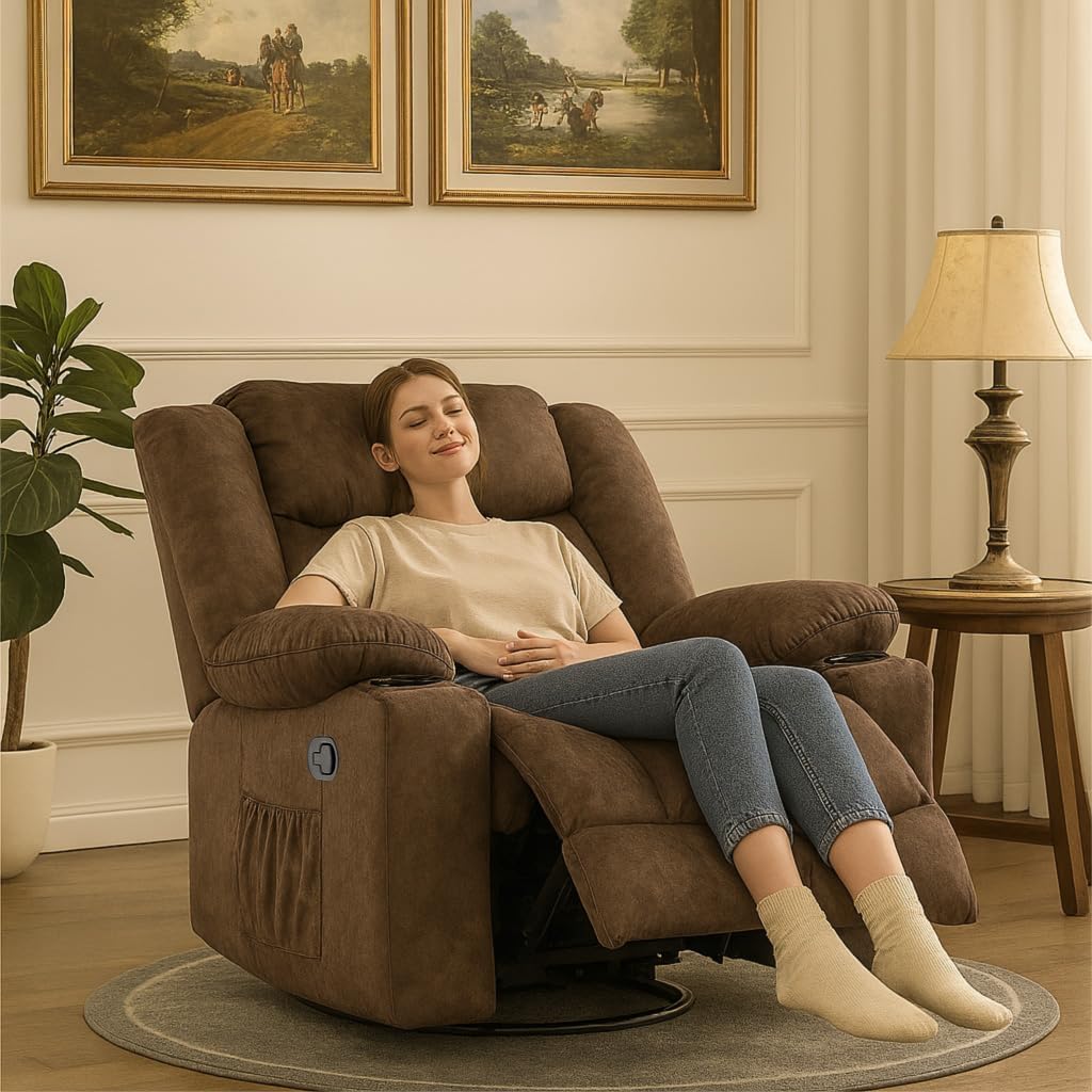 COMHOMA Recliner Chair,360°Swivel Rocker Recliners with Cup Holders&Side Pockets,Manual Reclining Single Sofa,Fabric Upholstered Lounge Chairs for Living Room,Brown COMHOMA