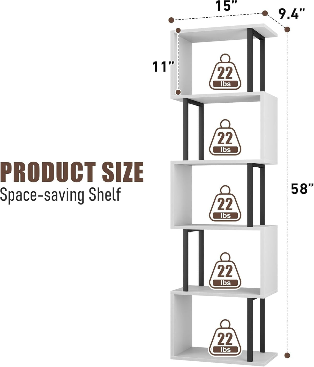 Gadroad 5-Tier Bookshelf, Narrow S-Shaped Geometric Bookcase, Wood Decorative Storage Shelving, Modern Freestanding Display Shelves, Book Shelf Unit for Living Room Bedroom Home Office, White Gadroad