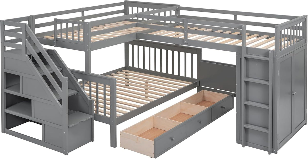 MERITLINE Twin-Twin Over Full Triple Bunk Bed with Storage Stairs,Wardrobe and Desk,Solid Wood L-Shaped 3 Bunk Bed with Ladder,Shelves,Headboard,Guardrail,No Box Spring Needed (Grey) MERITLINE