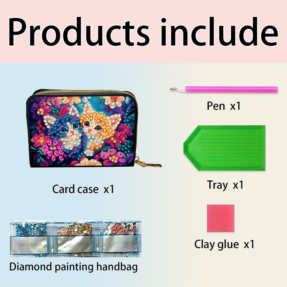 DIY Diamond Art Painting Kit - PU Leather Credit Card Holder Wallet & Coin Purse with Cat Pattern, Zipper Organizer 4.33x3.14in for Adults Santiway