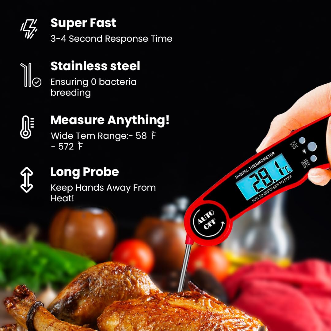 Morning Star Instant Read Digital Meat Thermometer for Cooking,Grilling & BBQ, IP67 Waterproof with LED Backlight, Auto Shut, 4.7 inch 180° Foldable Probe, Built in Bottle Opener with Fridge Magnet Morning Star