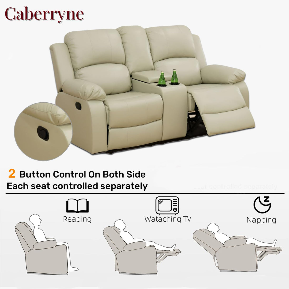 Caberryne Leather Loveseat Recliner Sofa,Leather Recliner Sofa Set for Living Room Furniture Sets,Beige Double Recliner Loveseat for Living Room/Office/Theater Seating/Rv(Loveseat Recliner) Caberryne
