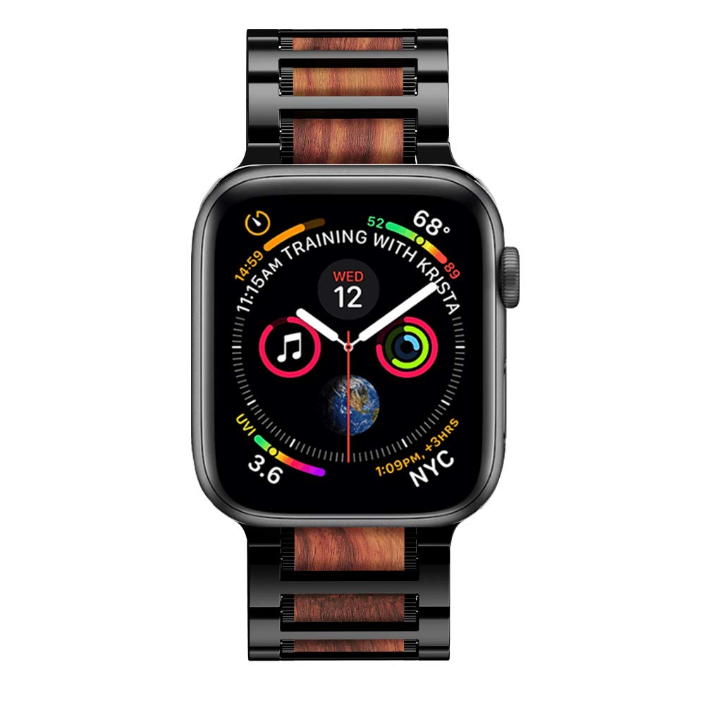 iiteeology Compatible with Apple Watch Band, Natural Wooden Steel Link Bracelet for iWatch Ultra 2/ Ultra/Series 1-10 49mm 46mm 45mm 44mm 42mm - Black iiteeology