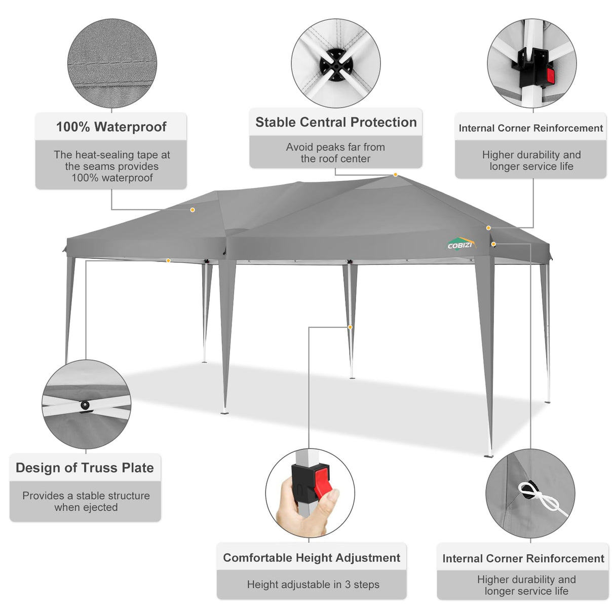 COBIZI Canopy 10x20 Pop Up Canopy Tent 10x20ft Waterproof Party Tent Ez Up Canopy Tents for Parties Wedding Outdoor Commercial Event Gazebo Portable Instant Tent for Backyard Camping Carport(Gray. COBIZI