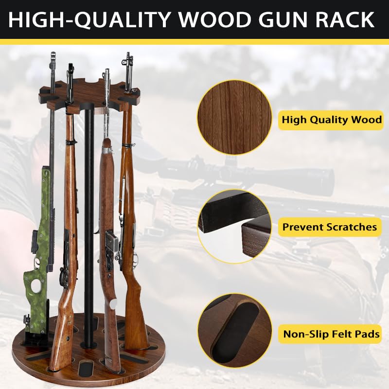 Yoimori Indoor Gun Racks, Rotating Gun Rifle Rack Stand, Heavy Solid Wood Gun Storage-Holds up to 12 Guns Display Brown Yoimori