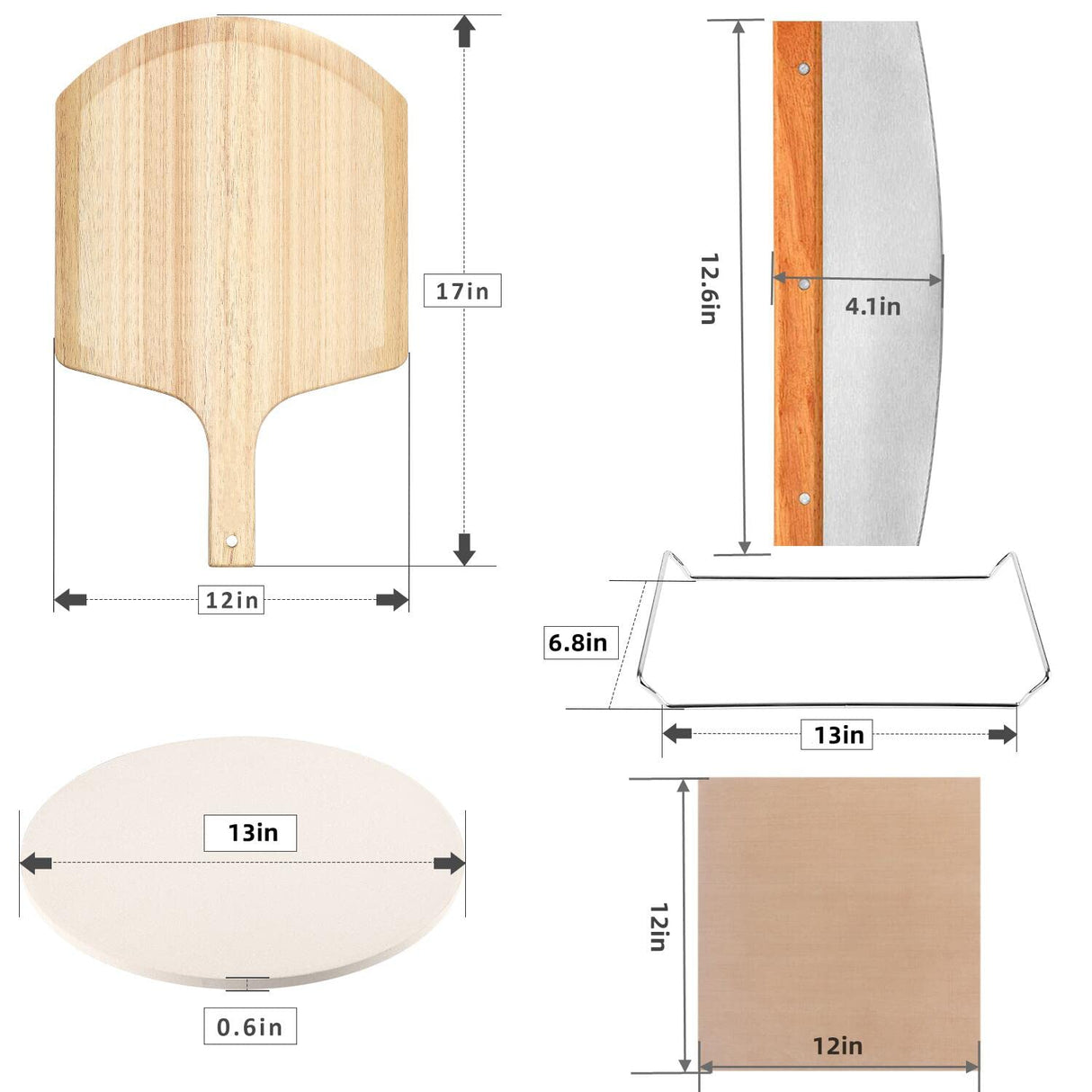 5 PCS Round Pizza Stone Set, 13" Pizza Stone for Oven and Grill with Pizza Peel(OAK),Serving Rack, Pizza Cutter & 10pcs Cooking Paper for Free, Baking Stone for Pizza, Bread Gyreuni