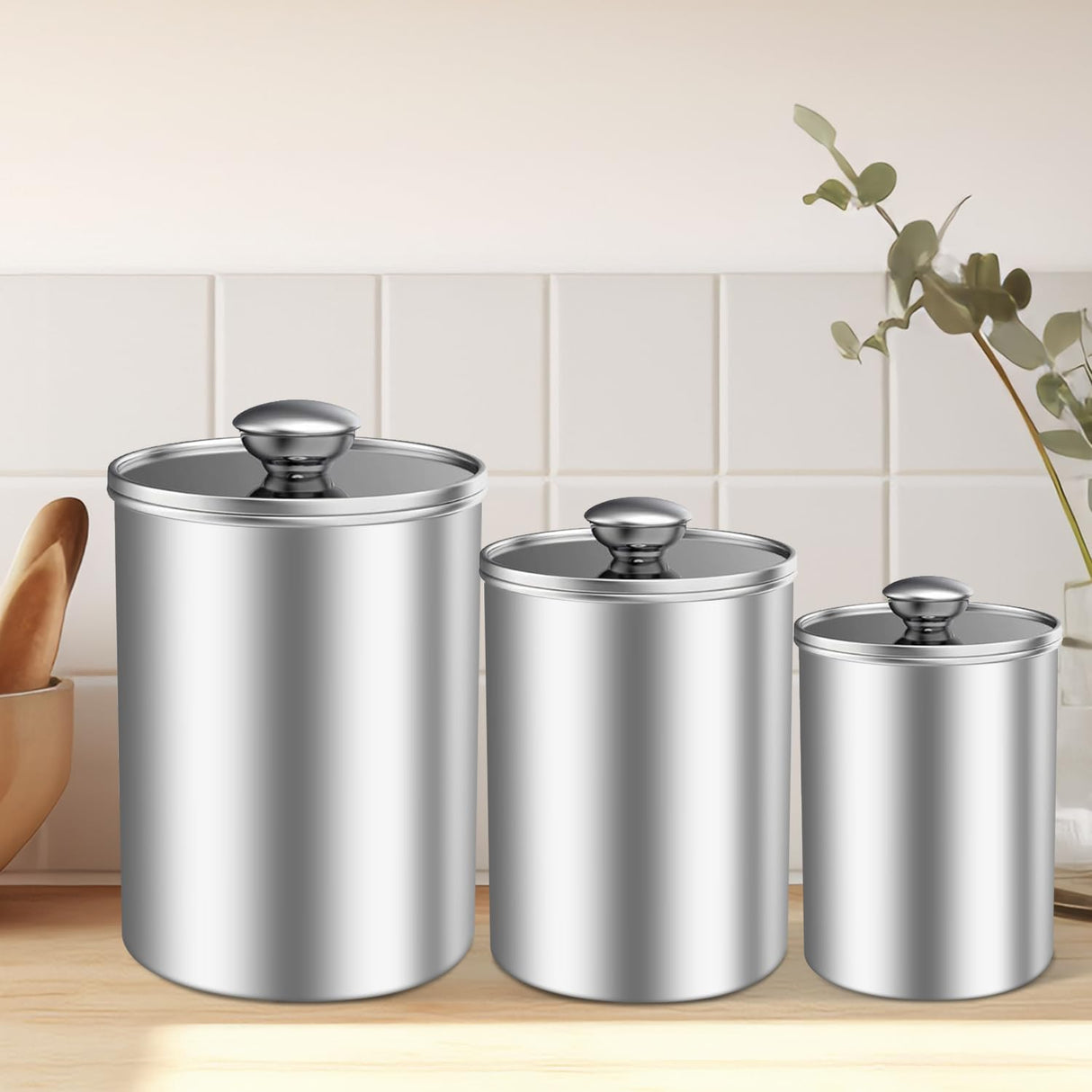 ENLOY Canister Sets for Kitchen Counter, 3 Piece Stainless Steel Food Storage Container with Clear Glass Lids for Coffee, Tea Organizers, Sugar Canister, Flour Canister Set of 3, 88/61/29 oz ENLOY