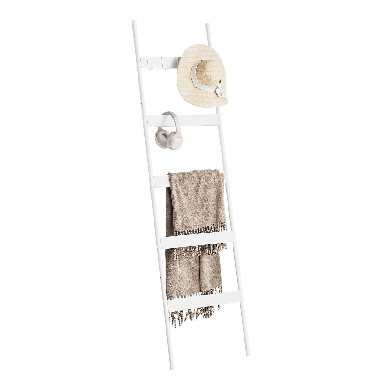 ELYKEN Blanket Ladder for Living Room, Farmhouse 5 -Tier Quilt Holder with 4 Removable Hooks for Bathroom, Wood Towel Rack Display, Wall Anchor Leaning Decorative Stand for Home Decor, White ELYKEN